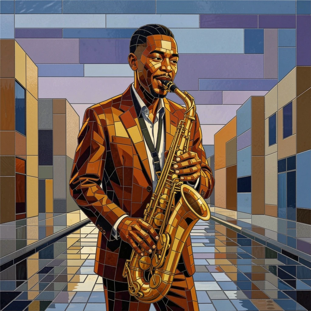 A warm, expressive portrait of a jazz musician playing saxophone on a rain-slicked city street, with soft natural lighting and rich emotional detail.