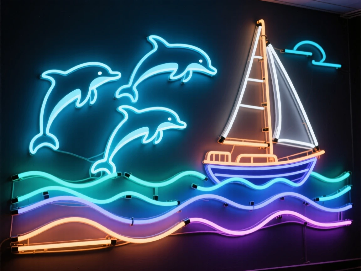 A pod of dolphins leaping alongside a sailing boat.