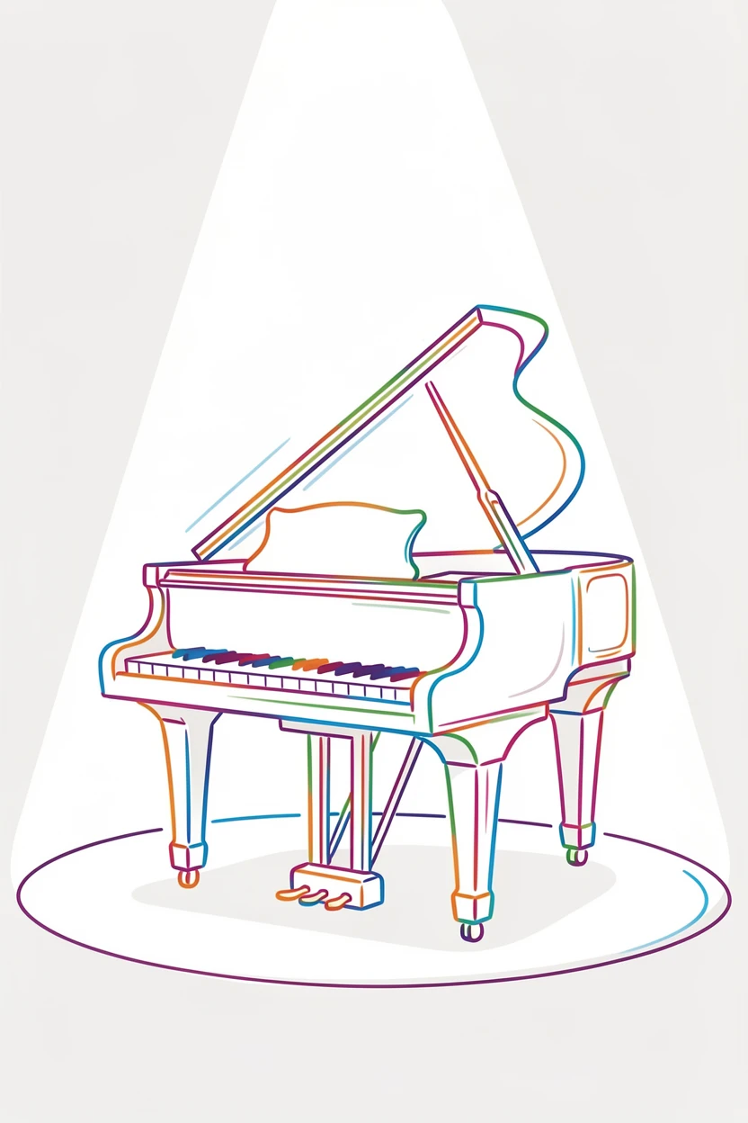 A grand piano standing alone on an empty stage under a spotlight.