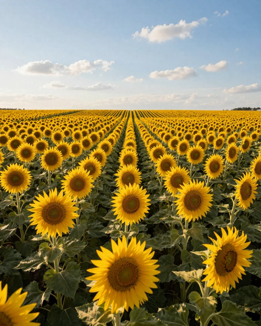A sunflower farm with rows stretching to the horizon