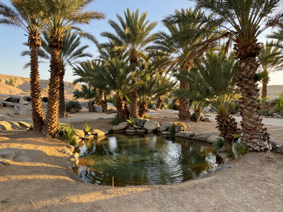 A desert oasis palm grove surrounds a small spring-fed pool.