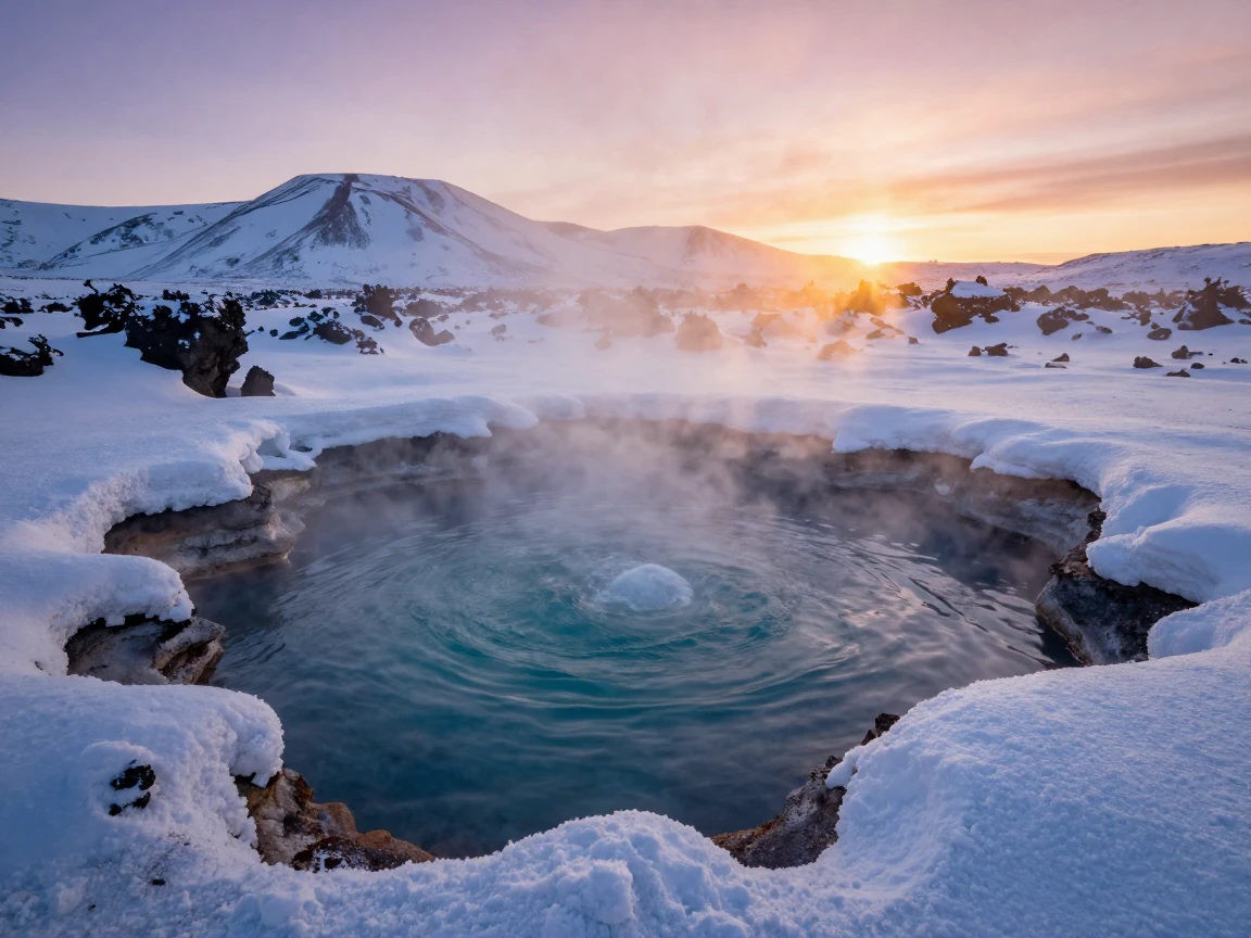 A steaming volcanic hot spring surrounded by snow at the break of dawn