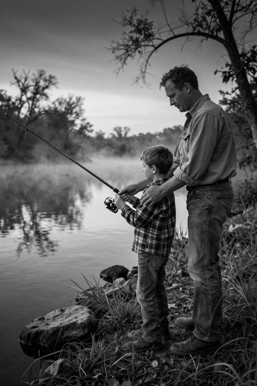 A father teaches his son to cast a fishing line on a riverbank at dawn.