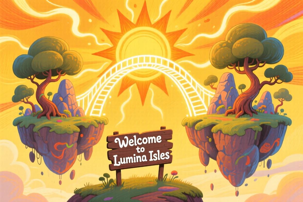 A mystical bridge of light connecting two floating islands in a golden sky.
