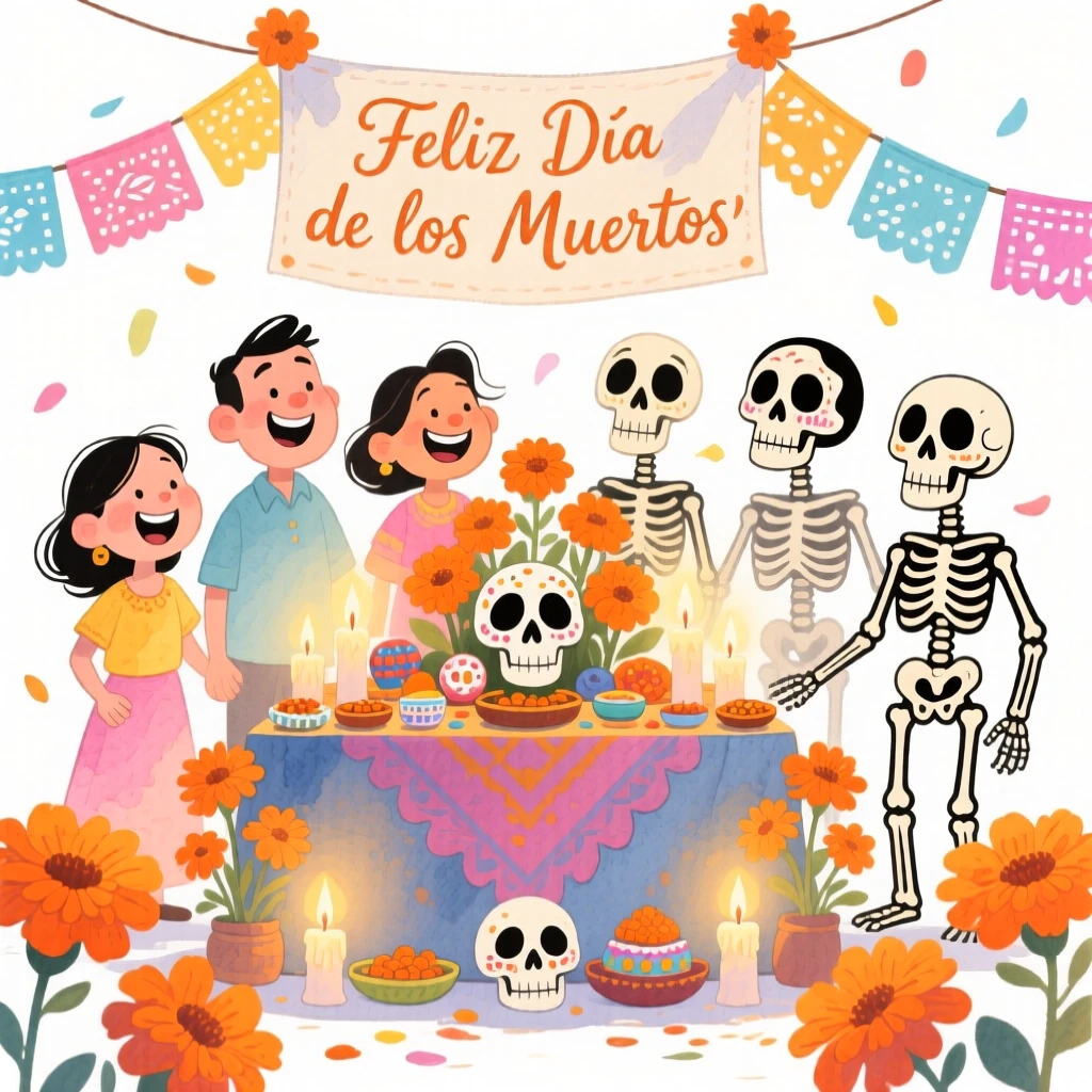A joyful celebration scene of a Day of the Dead altar decorated with marigolds and candles, glowing with soft festive light