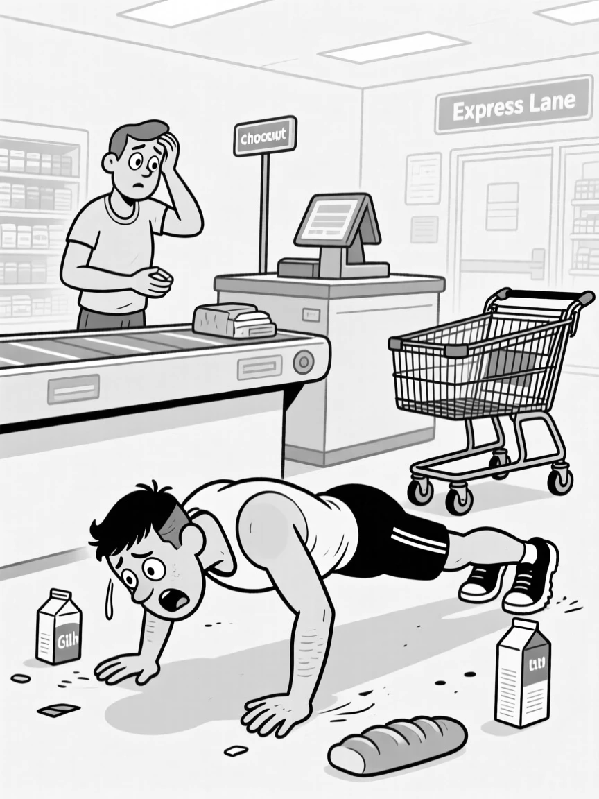 A gym-goer collapsing dramatically after one single push-up, ducking dramatically the instant eye contact is made, set in a checkout line at the grocery store. A shopping cart wheel spins uselessly in place. The scene captures the comedy hidden in ordinary days.