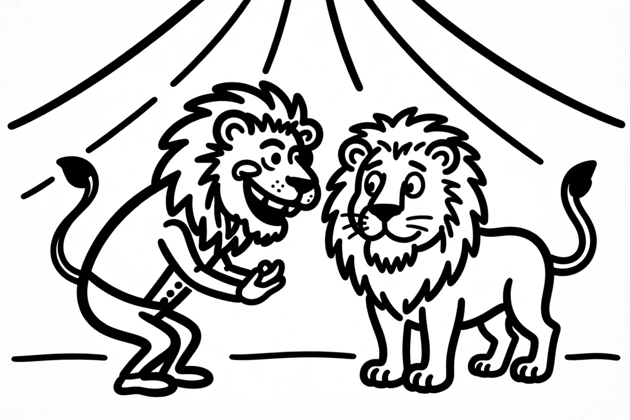 A lion tamer bowing gracefully beside a very cooperative, gentle lion under the big top.