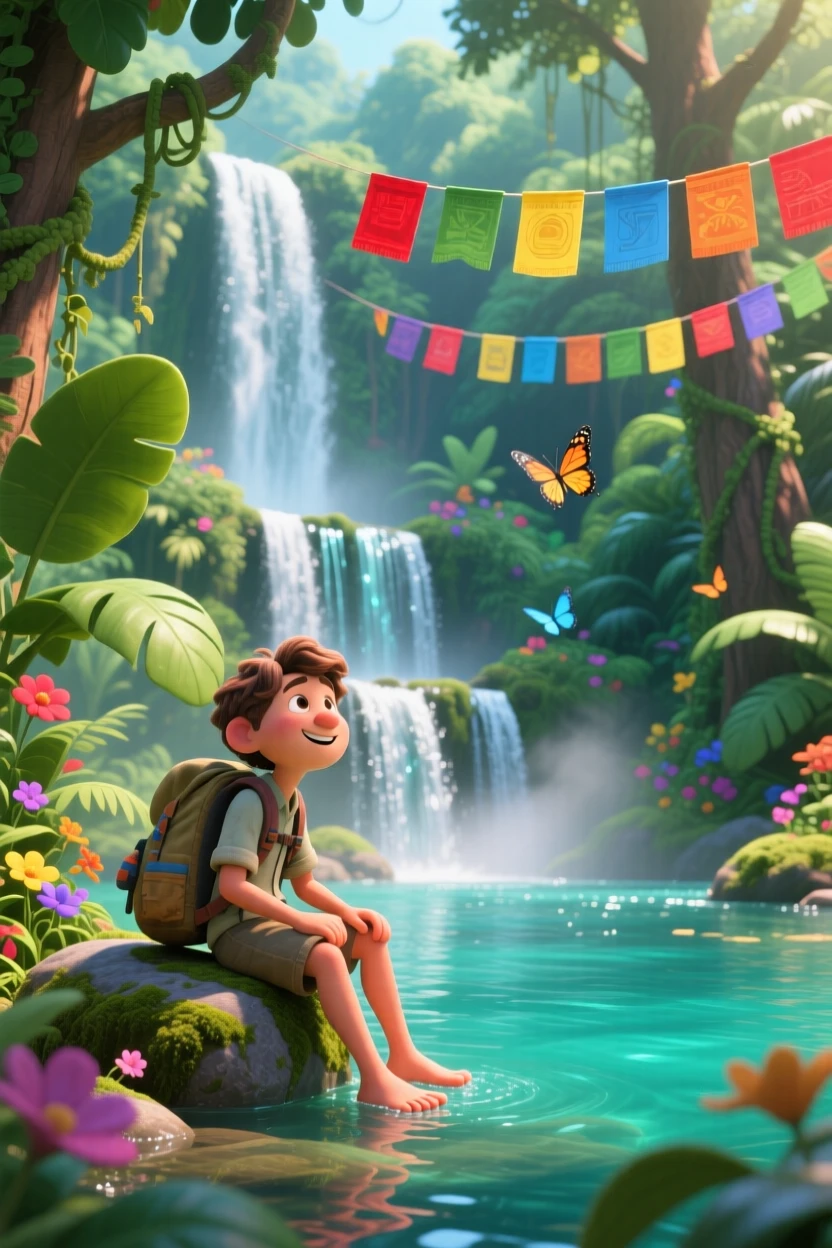 A solo hiker pausing to rest stands beside a waterfall cascading into a jungle pool, dipping their toes into the cool water. The scene feels vast, calm, and full of possibility, with colorful flags fluttering nearby.
