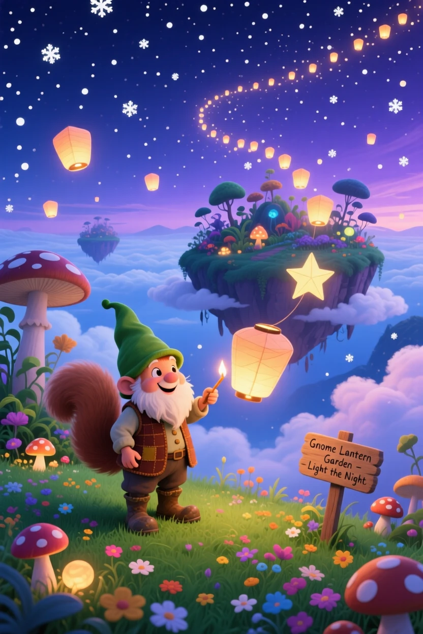 Deep within a floating island in the clouds, a tiny gnome gardener spends the evening lighting lanterns that float into the night sky, as tiny stars fall like snow.