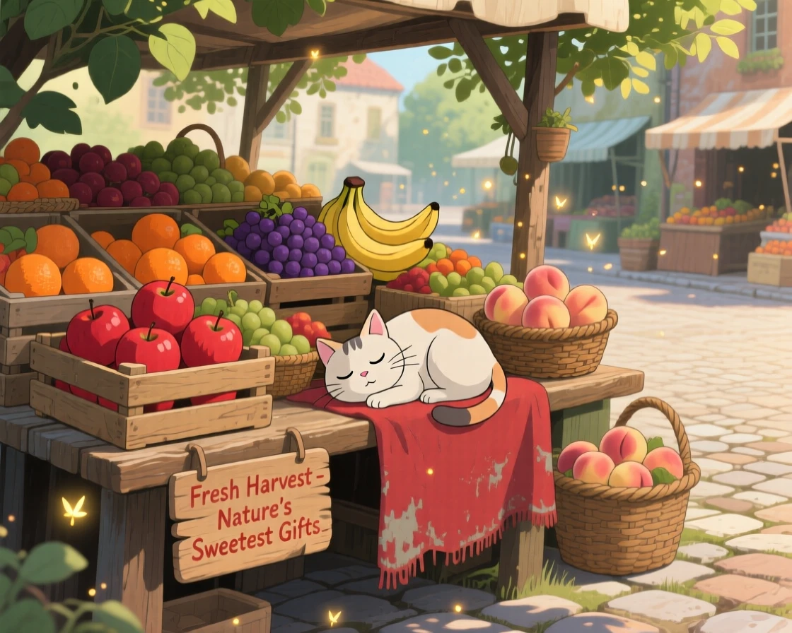 A warm, inviting scene of a farmers market stall overflowing with fresh fruit, with a cat dozing beside the display.