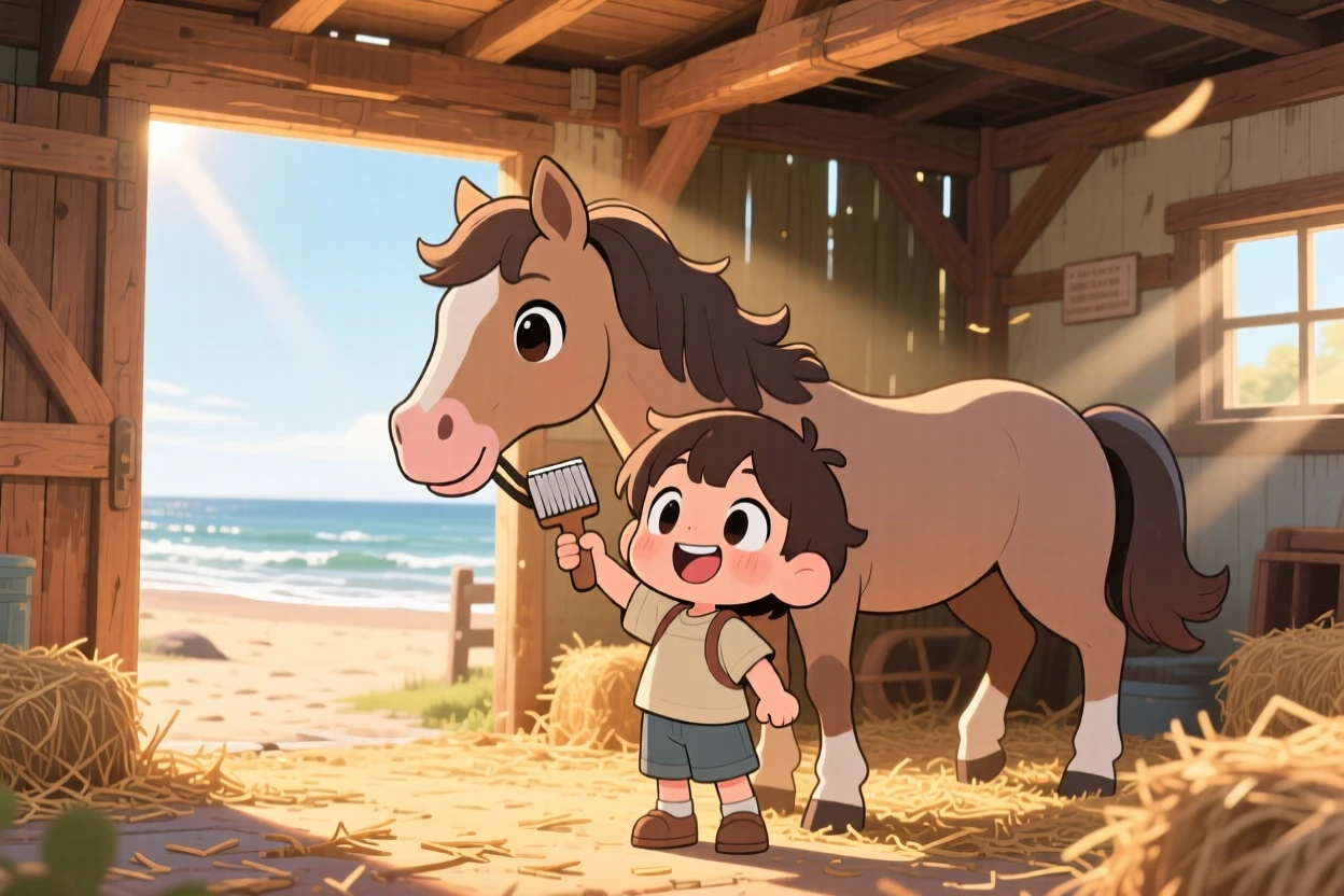 A child and a horse brushing its mane gently, framed as a dynamic diagonal composition within a rustic countryside stable, on a breezy coastal afternoon, glowing under soft golden-hour sunlight, evoking triumphant pride.