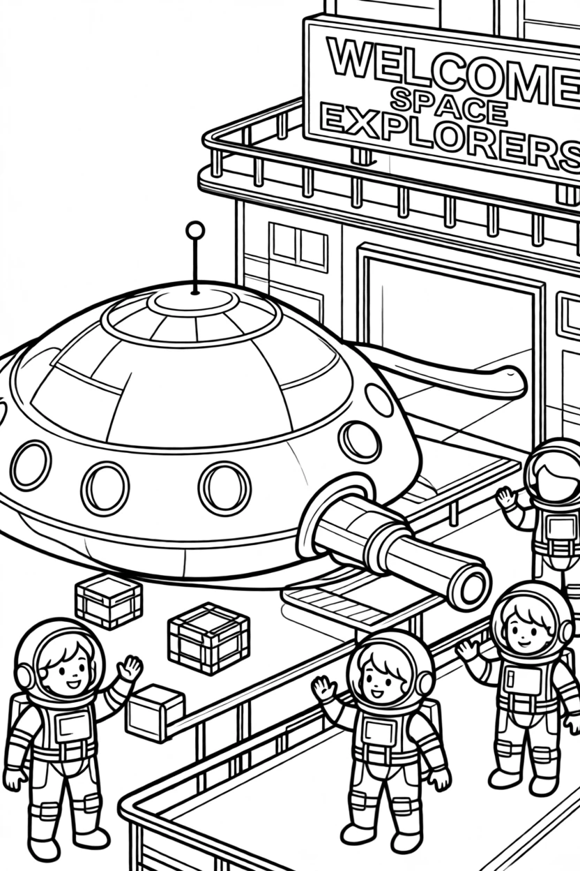 A spaceship docking gently at a bustling space station