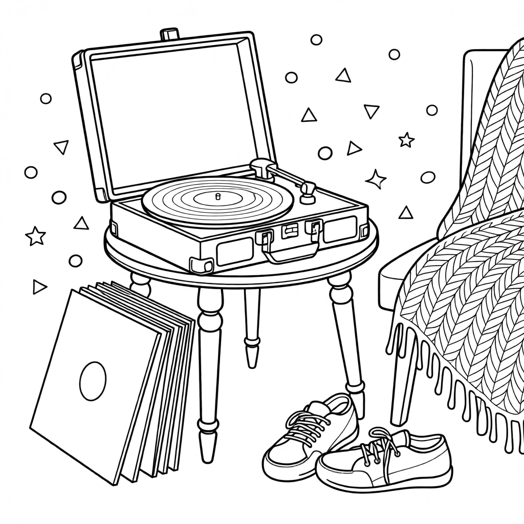 A stack of vinyl records beside a vintage turntable, with confetti falling through the air.