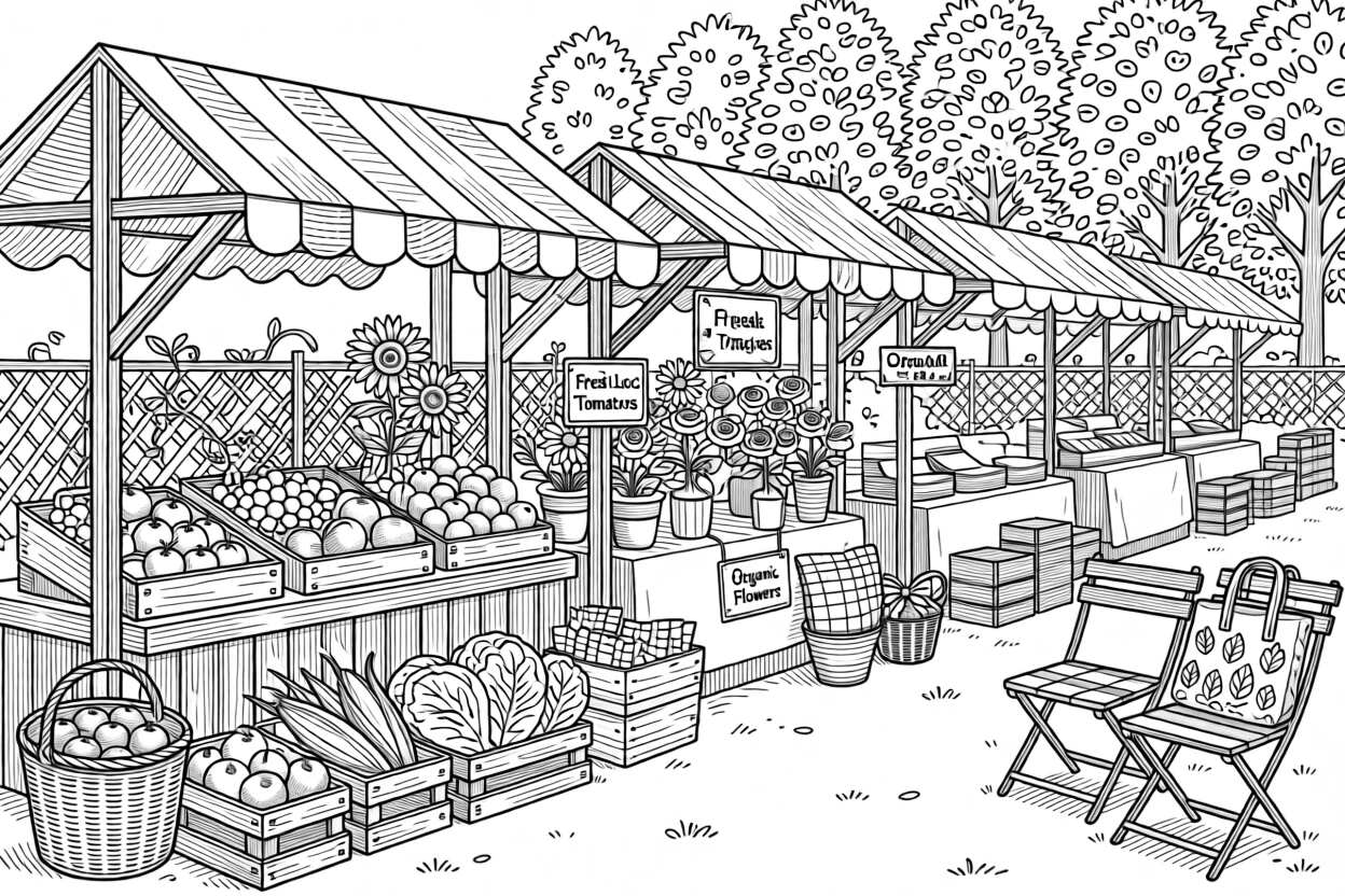A summer farmers market scene with stalls of fresh produce and flowers.