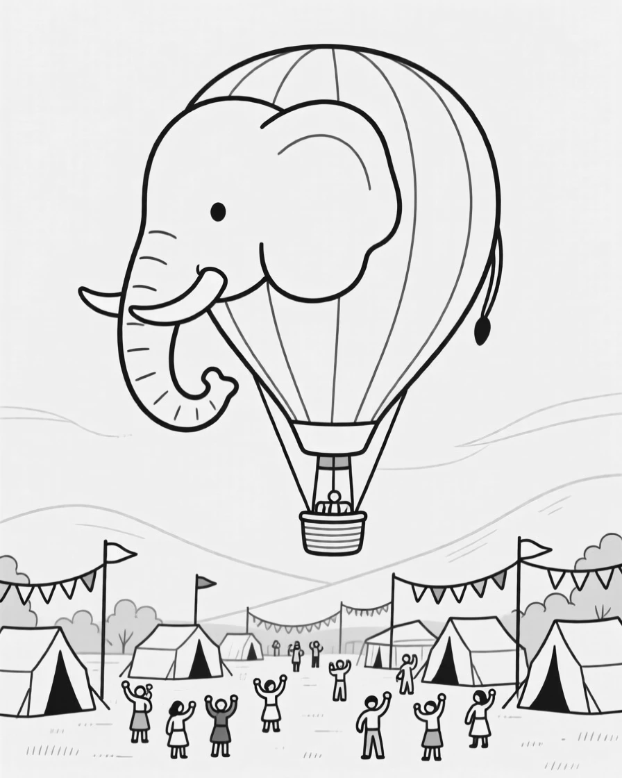 A hot air balloon shaped like an animal floating above a festival