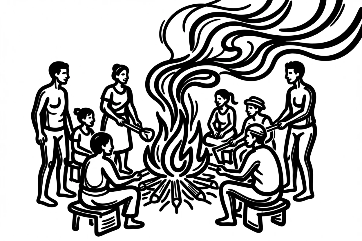 A traditional South African braai gathering with family and friends around a fire.