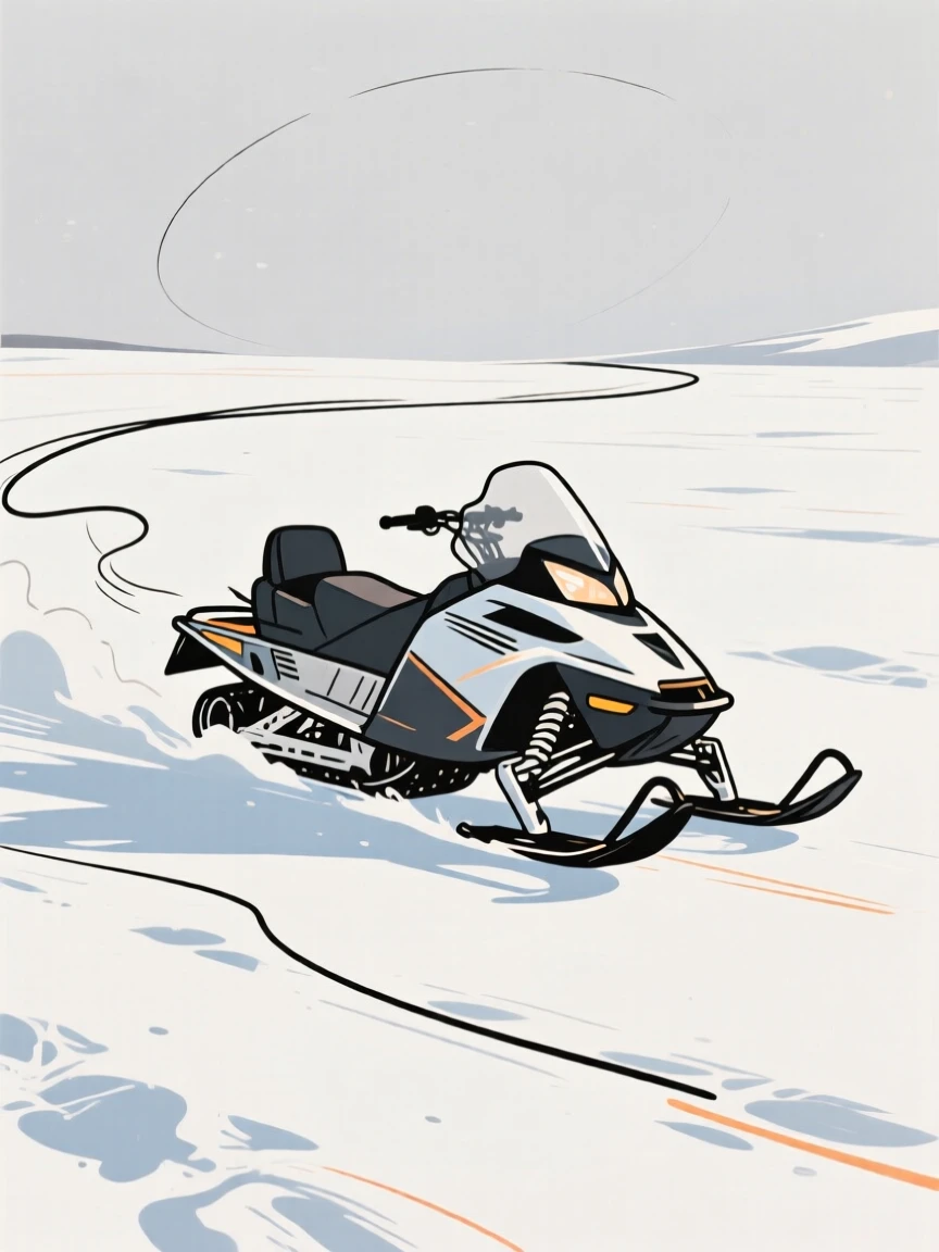 A snowmobile racing across a wide open snowy landscape.