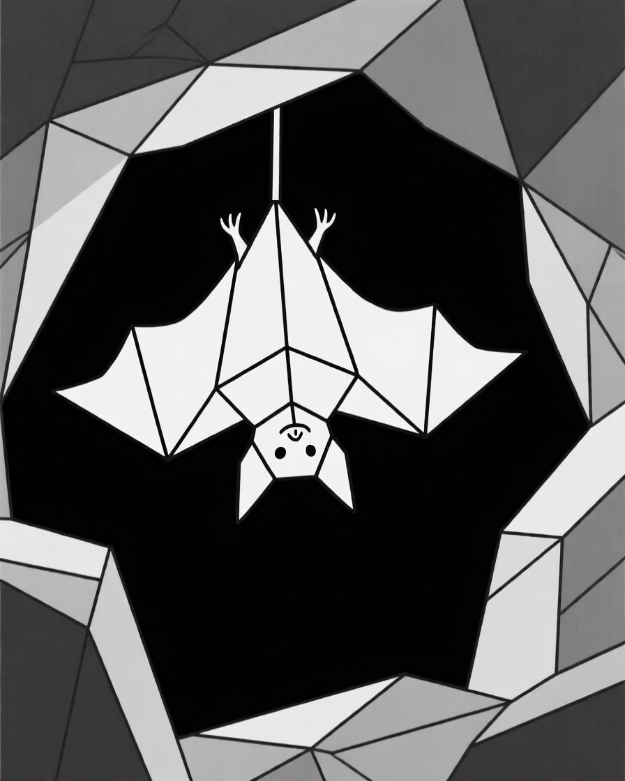 A bat hanging upside down in a dark cave