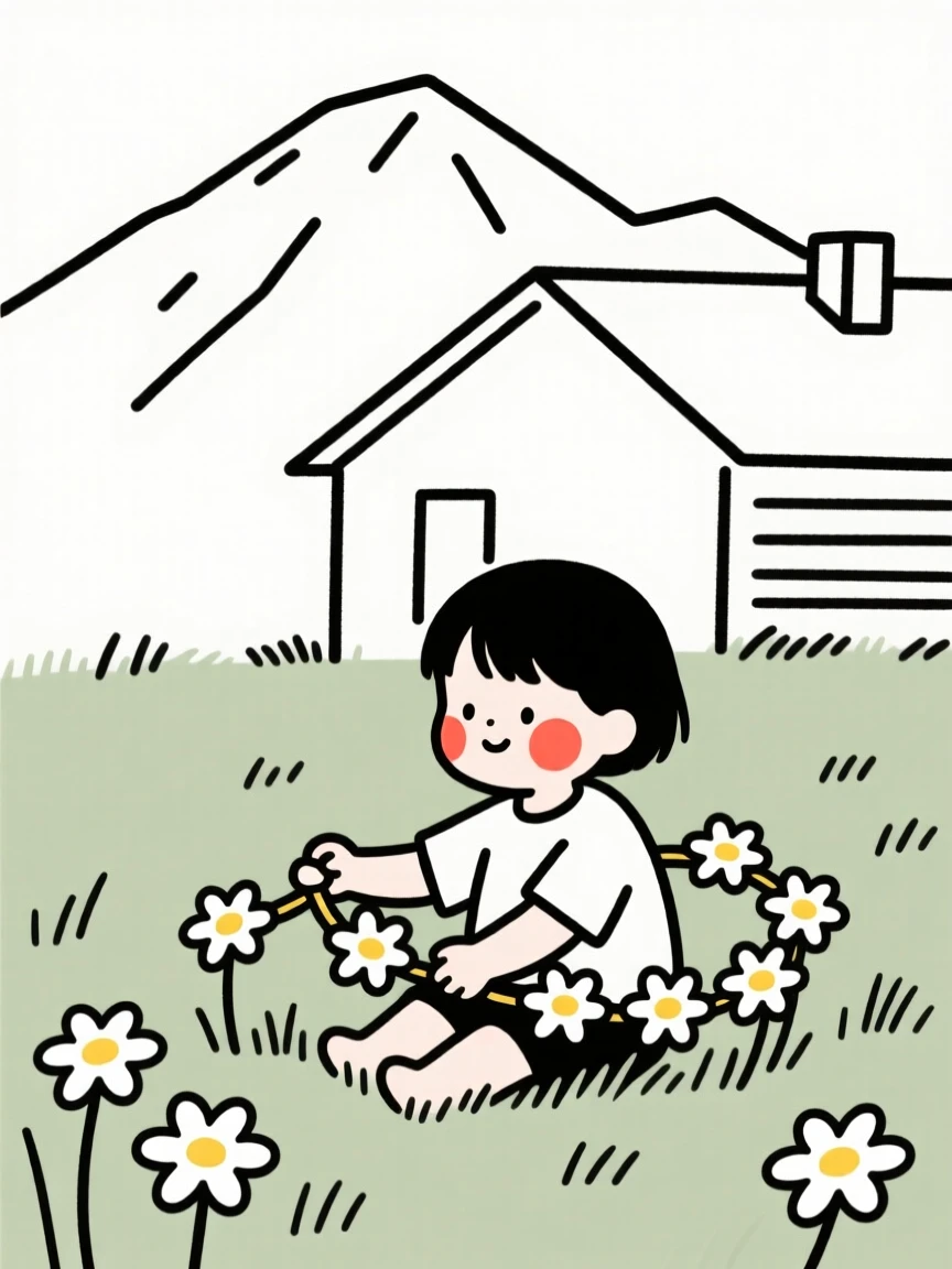 A small child making a daisy chain in the grass, in a mountain cabin.