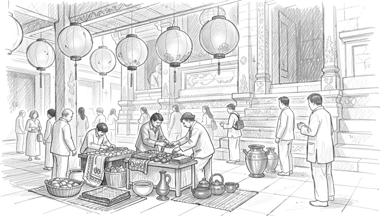 A rich travel moment capturing vendors selling goods beneath glowing paper lanterns beside a sacred temple courtyard, with golden light glinting off polished brass.