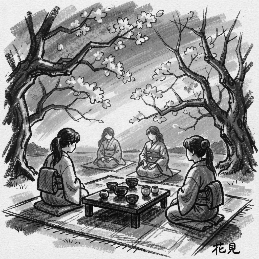 A traditional Japanese hanami picnic under blooming cherry trees, beneath a sky streaked with sunset colors.