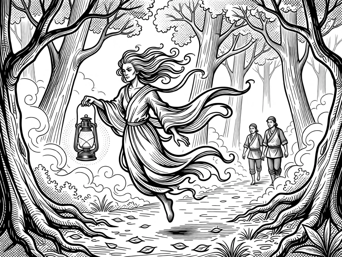 A wandering lantern spirit guiding travelers through a misty enchanted forest.