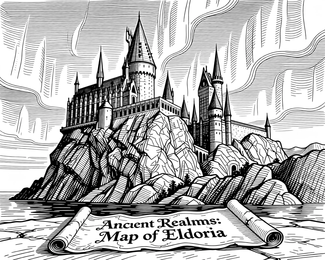 A castle built into the side of a mountain under a sky streaked with aurora light, with an old map unfurled nearby, forming a serene yet powerful fantasy scene.
