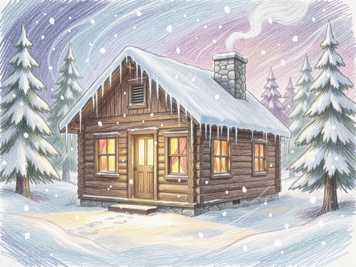 A cozy cabin glowing warmly during a swirling winter blizzard, captured in a quiet, intimate moment full of atmosphere, full of charm, emotion, and visual delight.