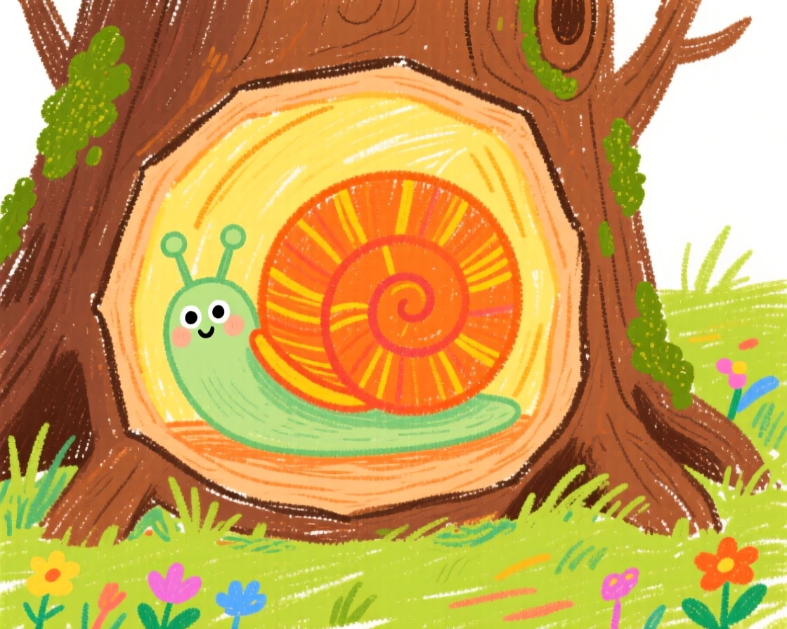 A curious snail living inside a cozy hollow tree stump.