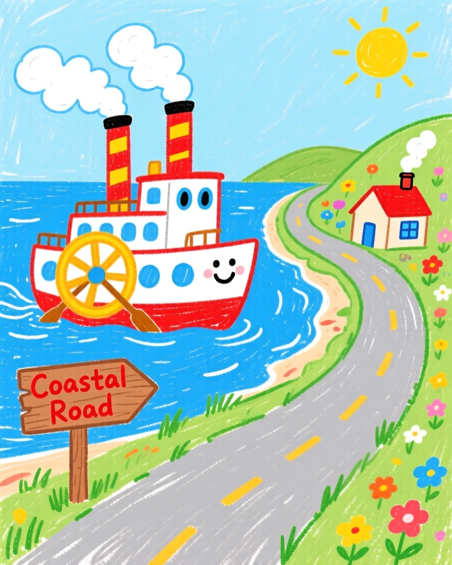 A paddle steamboat traveling along a winding coastal road.