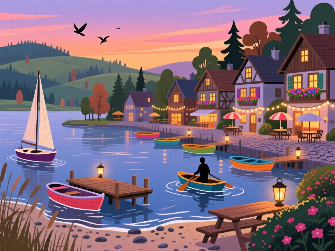 A charming lakeside town with boats bobbing gently at dusk, with gentle waves lapping at the shore nearby, framed to showcase both intimate detail and grand scale, with a joyful, adventurous atmosphere.