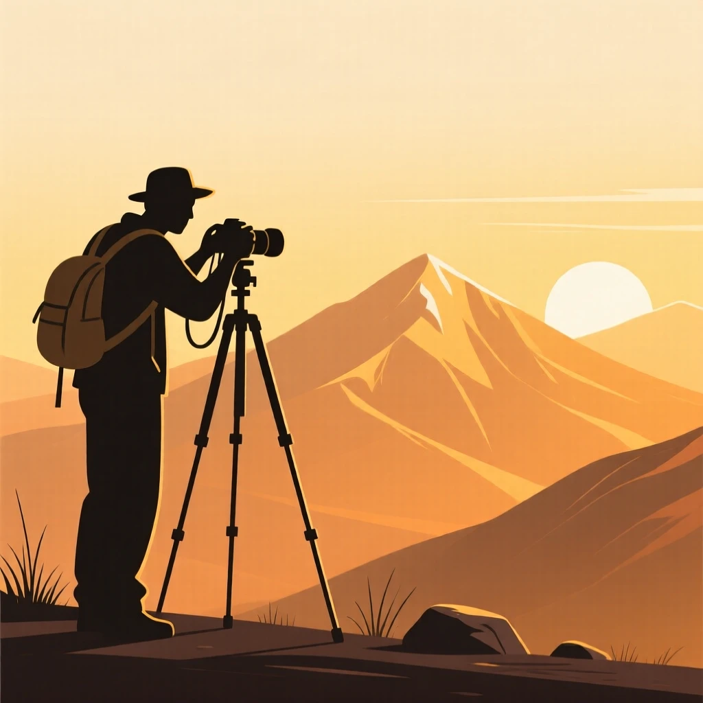 A photographer setting up a shot of a mountain landscape at golden hour.