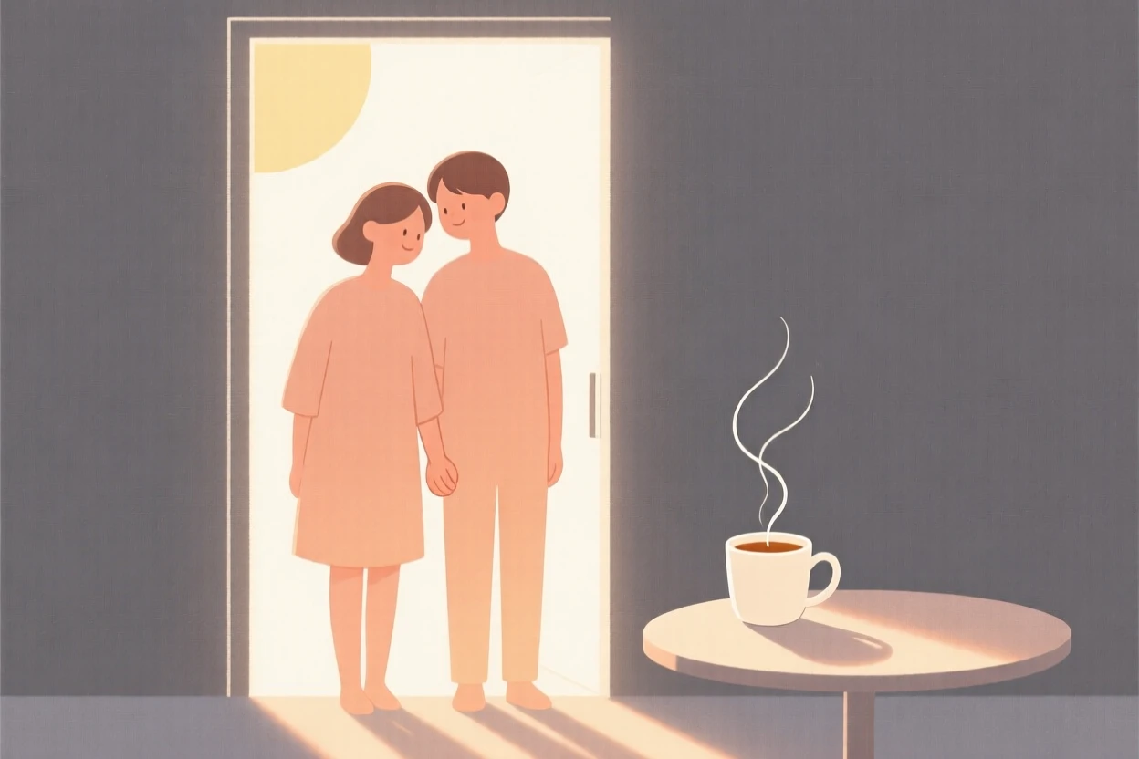 A pair of best friends standing in a sunlit doorway, embodying a feeling of tender nostalgia, with a warm cup of tea nearby.