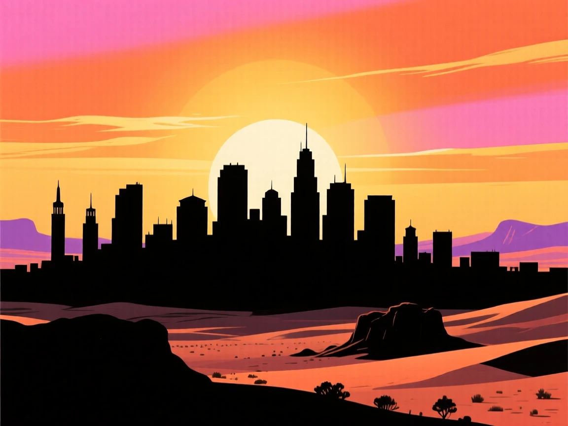 A wide desert city skyline glowing gold in the evening sun.