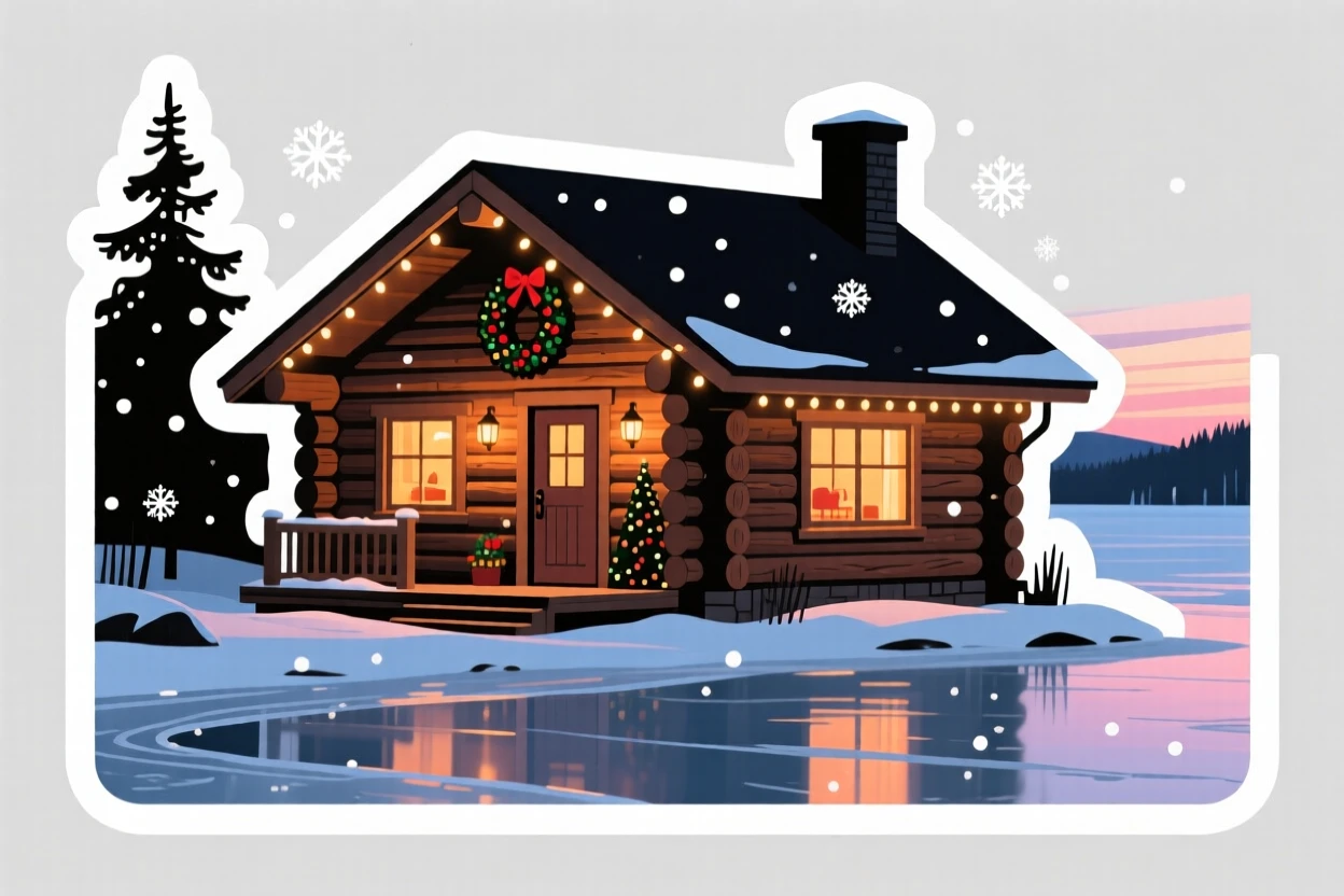 A postcard-perfect Canadian log cabin beside a frozen lake, captured during a festive celebration, in a moment worth remembering forever.