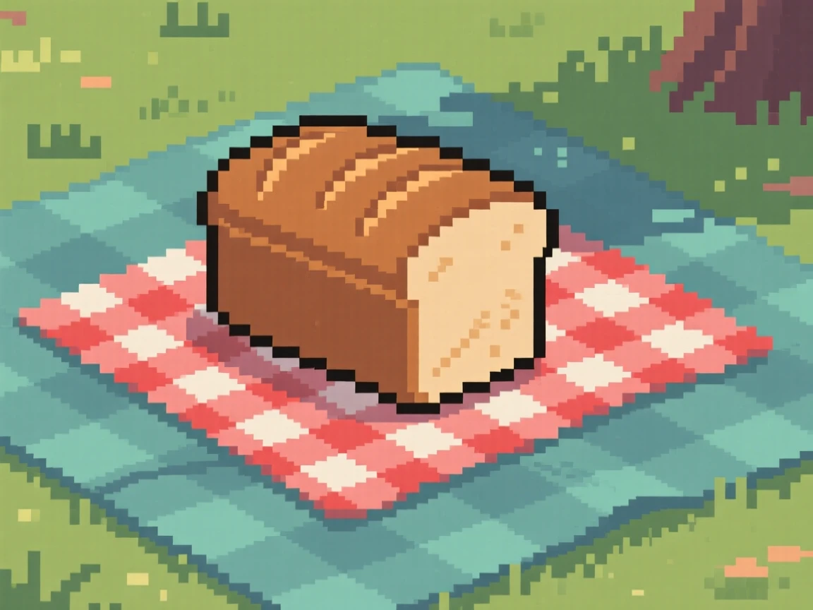 A loaf of crusty bread arranged neatly on a checkered tablecloth, on a picnic blanket in a park.