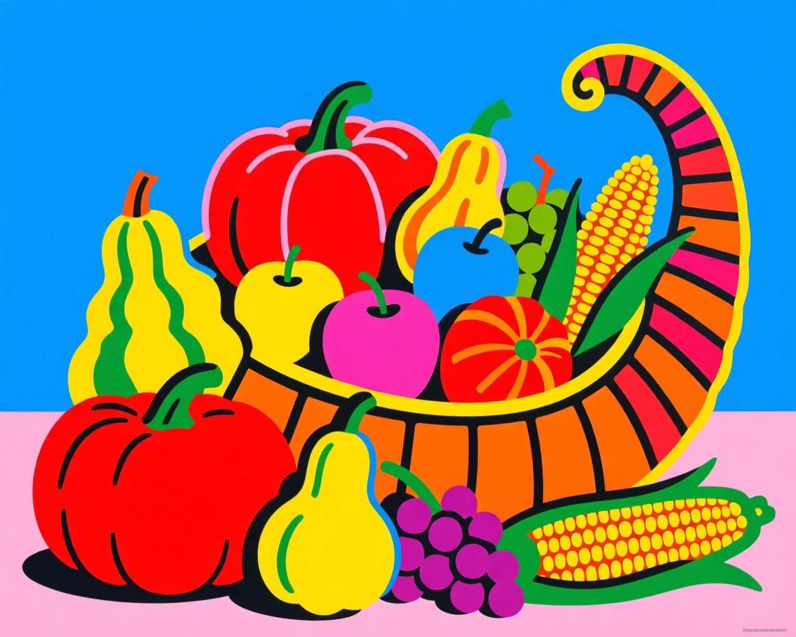 Thanksgiving cornucopia overflowing with harvest produce