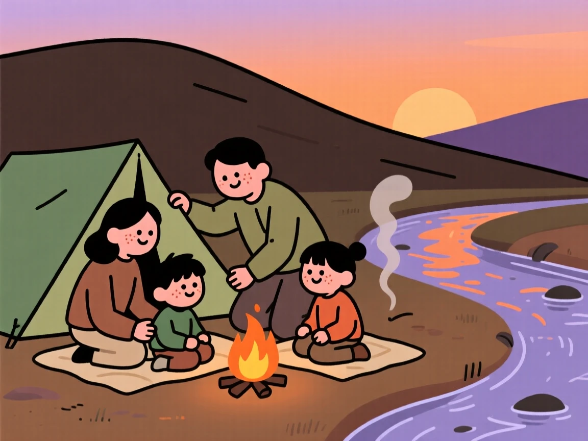 A family sets up camp beside a gentle stream as a soft orange sunset fades behind the mountain ridge, sharing stories around a small fire.