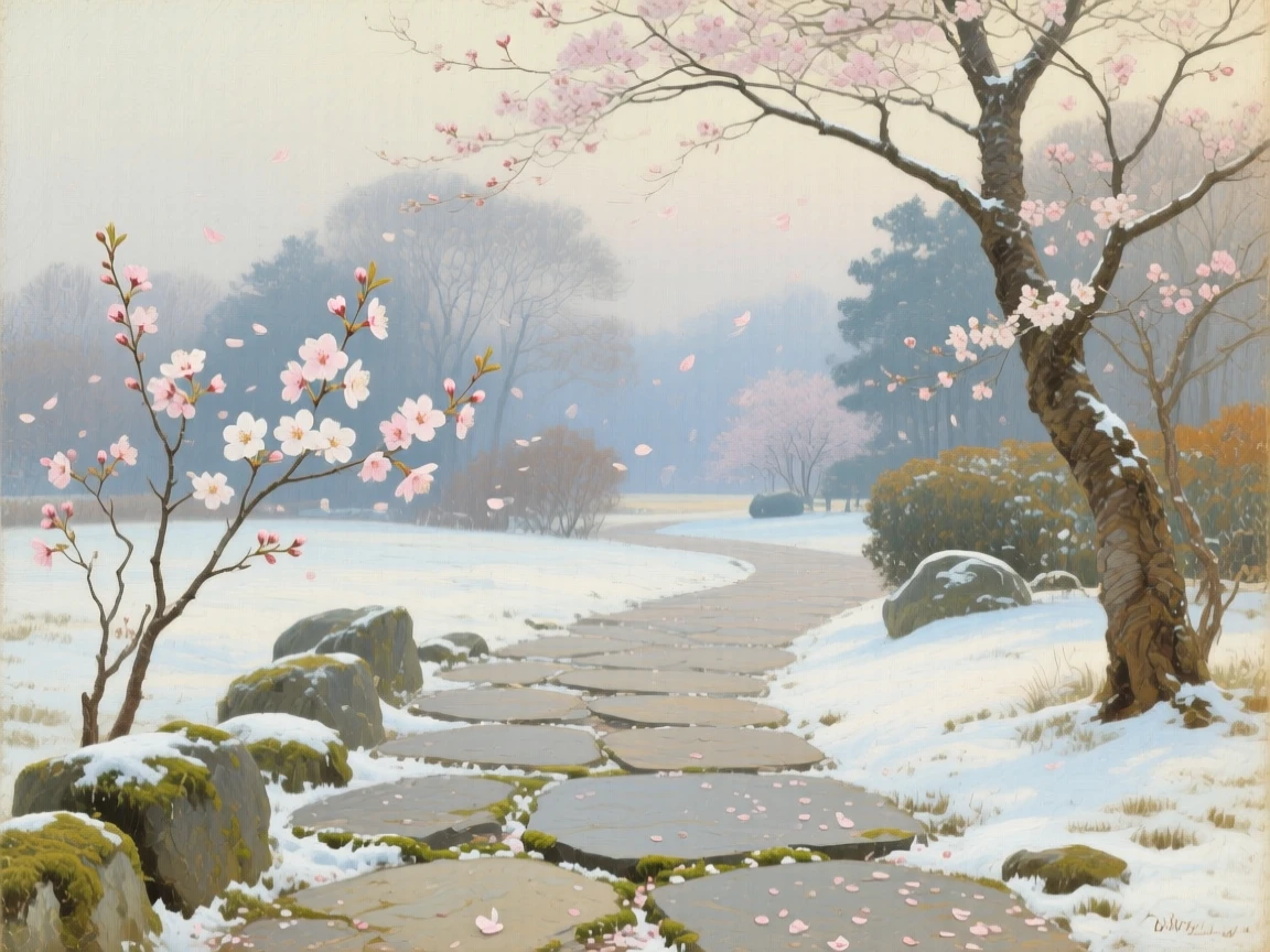 A grand panoramic scene of cherry blossoms drifting over a quiet stone pathway, in the quiet stillness of midwinter, at midday.