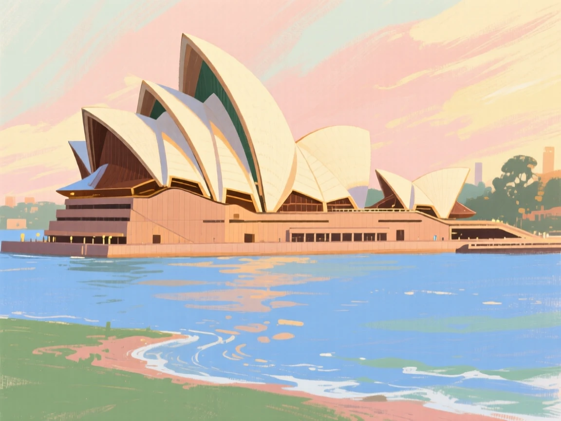 The Sydney Opera House gleaming beside its blue harbor