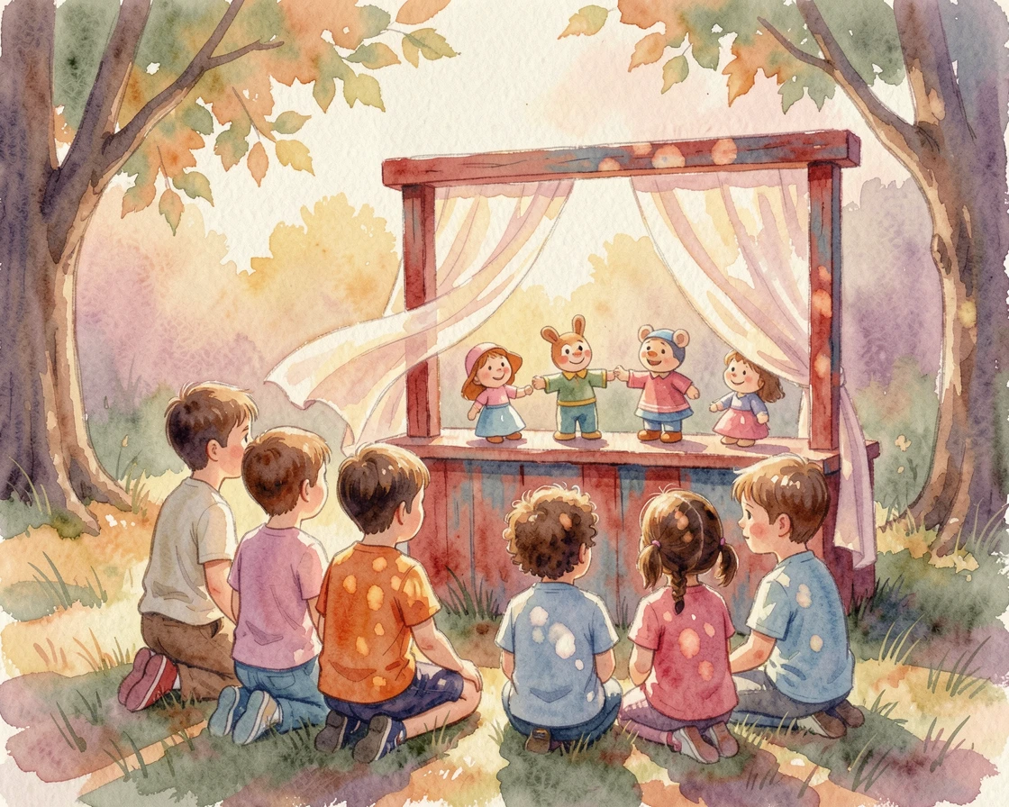 Children gathered around a puppet show as golden afternoon light glows around them.