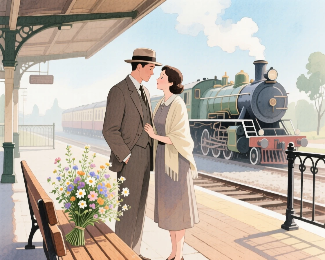 A tender moment of a vintage train platform farewell, with a bouquet of flowers resting nearby, capturing quiet affection between two people