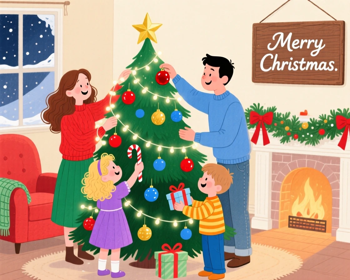 A family decorating a Christmas tree, full of warmth and laughter.