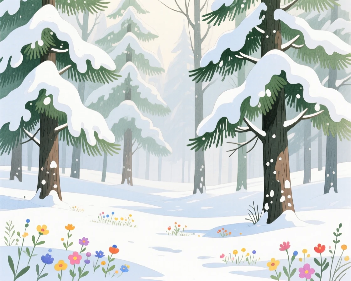 A snowy pine forest under a blanket of fresh powder, with wildflowers scattered across the foreground, filled with quiet majesty and stillness.