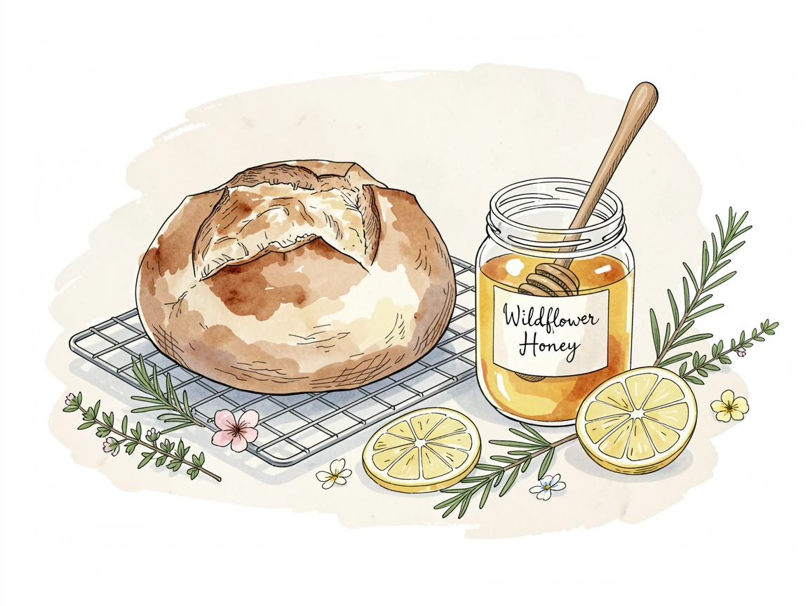A rustic loaf of sourdough bread cooling on a wire rack beside a jar of honey, fresh herbs and garnishes scattered artfully around the dish.