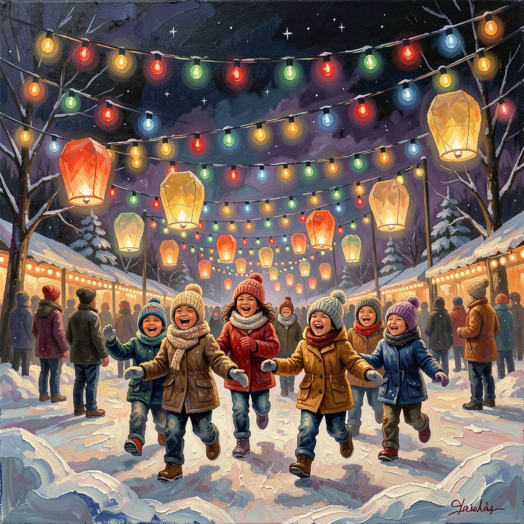 On a crisp winter evening, a lantern festival filling the night sky with floating light, beneath strings of colorful lights crisscrossing overhead, children laughing and chasing floating lanterns.