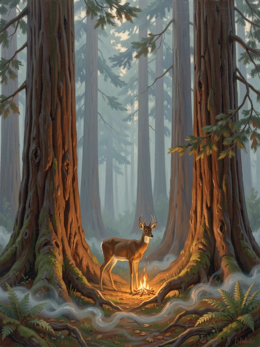 A gentle doe lights a fire within a grove of towering redwoods as mist curls low to the ground.