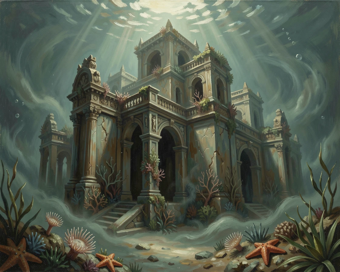 A grand underwater palace glowing softly beneath the ocean's surface, as swirling mist and atmosphere add mystery to the scene, creating a scene that feels both magical and entirely believable