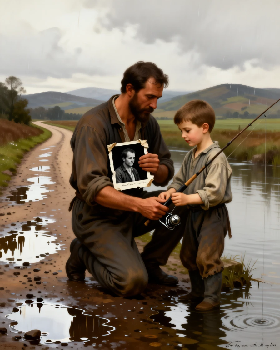 A father teaching his son to fish at the water's edge in the raw, unguarded instant emotion breaks through, set on a rain-soaked road leading toward distant hills, with a faded photograph clutched tightly to a chest; the composition uses negative space to emphasize the distance just closed, overflowing with tenderness, relief, and quiet triumph.