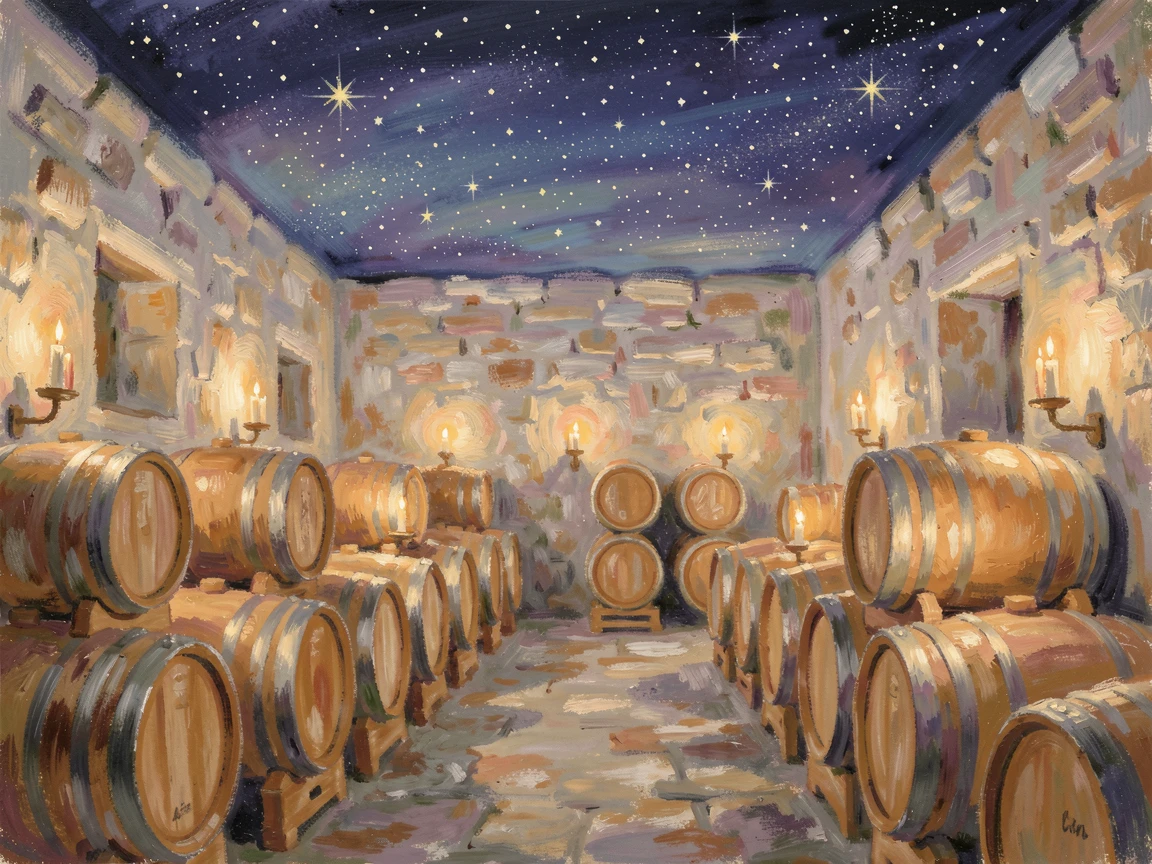 A rustic wine cellar lined with wooden barrels, candlelight flickering against ancient stone walls, under a canopy of stars.